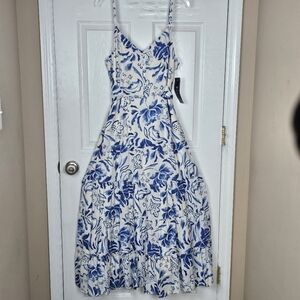 MSK NWT Blue White Floral Midi Dress XL Adjustable Waist Tie Tiered Spring Layer